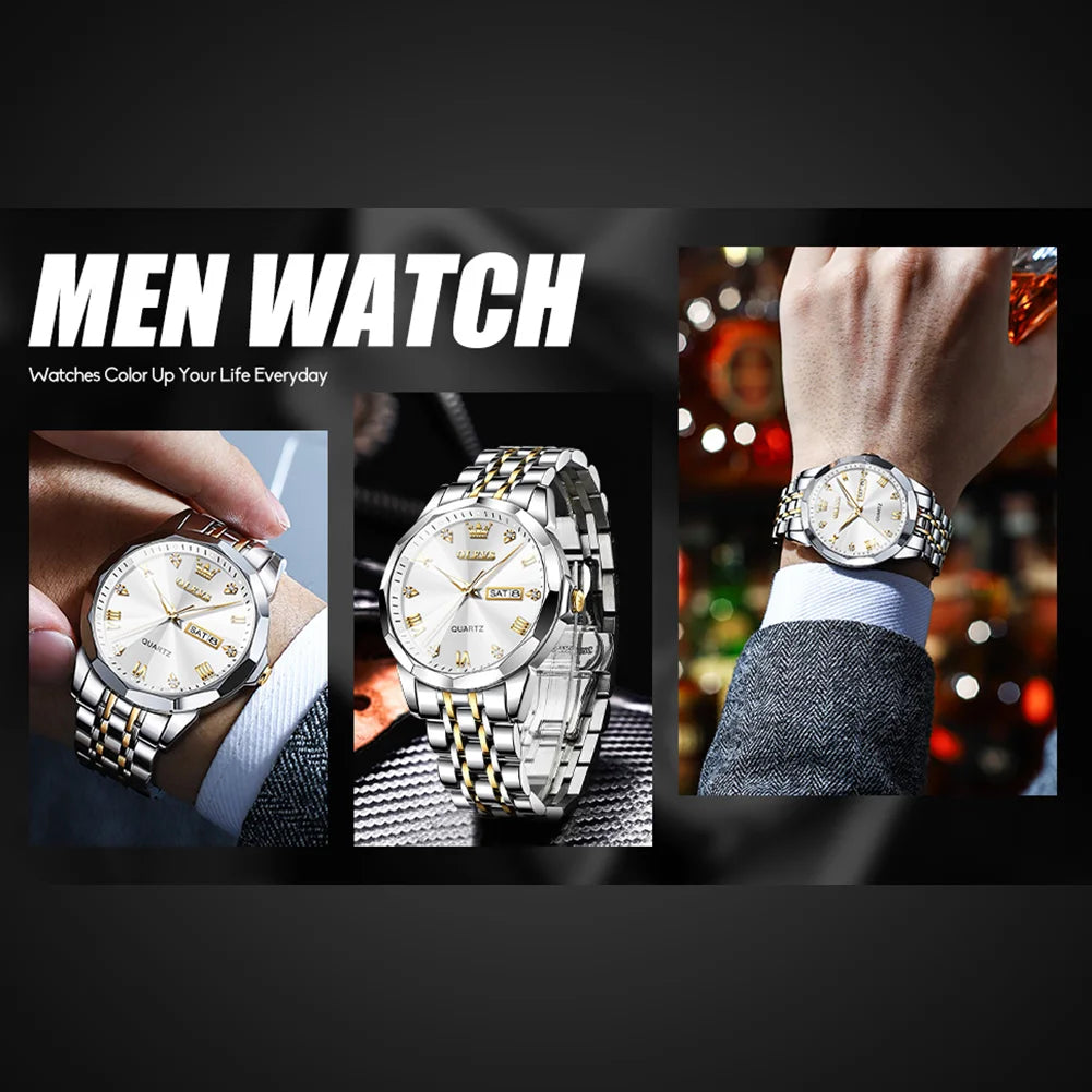 Sliver Mens Watch Large White Face Watch Fashion Stainless Steel Strap Wrist Watches Date Watches for Men Sample Waterproof Watch Easy Read Watches Roman Numerals Watch