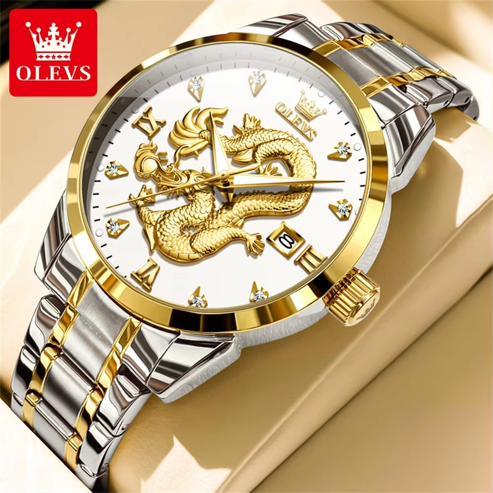 Quartz Men'S Watch High Quality Fashion Business Waterproof Stainless Steel Calendar Watch Classic Dragon Dial Men'S Watch