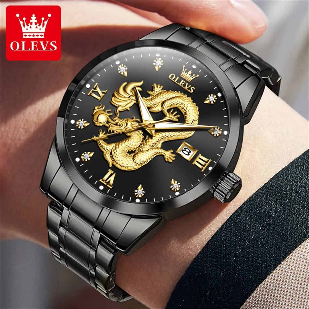 Quartz Men'S Watch High Quality Fashion Business Waterproof Stainless Steel Calendar Watch Classic Dragon Dial Men'S Watch