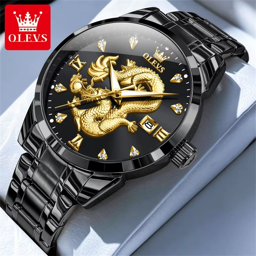 Quartz Men'S Watch High Quality Fashion Business Waterproof Stainless Steel Calendar Watch Classic Dragon Dial Men'S Watch