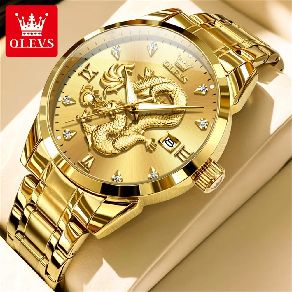 Quartz Men'S Watch High Quality Fashion Business Waterproof Stainless Steel Calendar Watch Classic Dragon Dial Men'S Watch