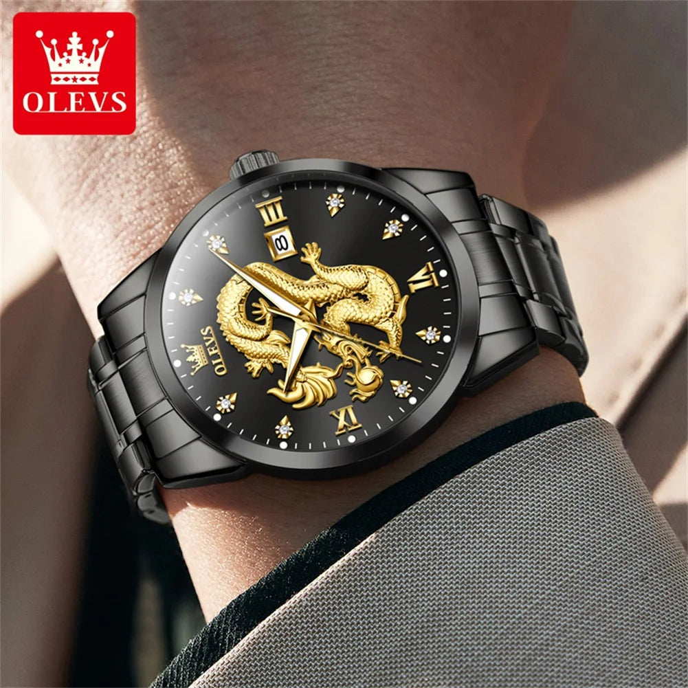 Quartz Men'S Watch High Quality Fashion Business Waterproof Stainless Steel Calendar Watch Classic Dragon Dial Men'S Watch