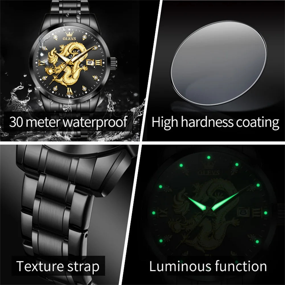 Quartz Men'S Watch High Quality Fashion Business Waterproof Stainless Steel Calendar Watch Classic Dragon Dial Men'S Watch